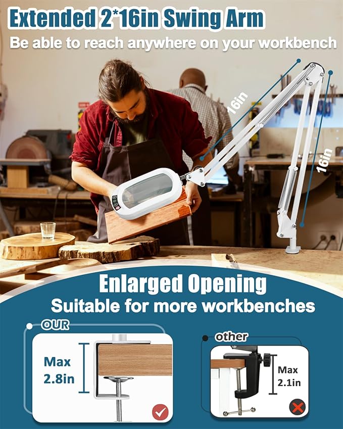 12X Rectangle Magnifying Glass with Light and stand, 2*16 Inch Swivel Arm LED Lighted Clamp Desk Lamp, 5 Color Modes Stepless Dimmable, Large Magnifier with Light for Reading Painting Close Work White