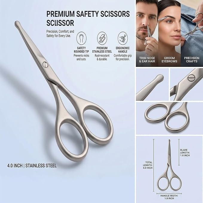 Nose Hair Scissors Safety Round Tip - Stainless Steel Facial Trimmer for Men & Women, Small Grooming Shears for Eyebrow Beard Mustache Ear - with Leather Travel Pouch (Silver)