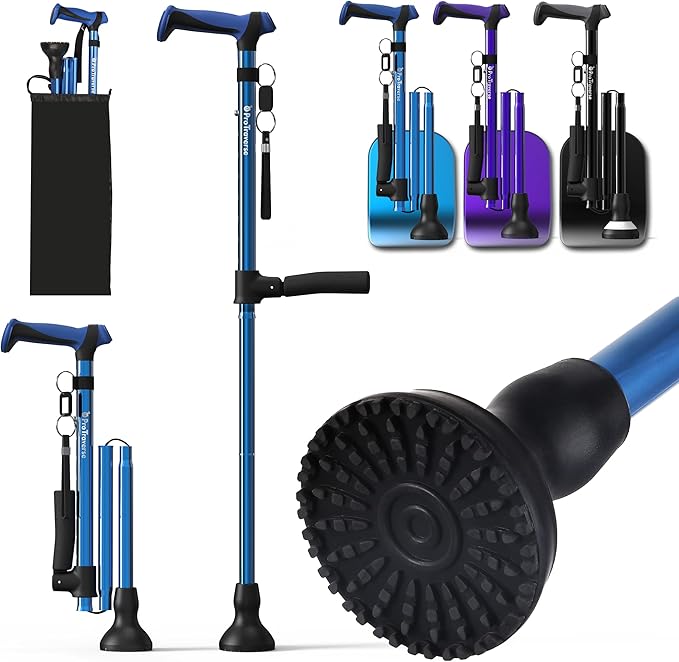 Walking Cane for Men & Women,Foldable,Adjustable,Self Standing Cane with Second Handle,350lbs Heavy Duty,All Terrain,Collapsible Walking Sticks for Seniors & Adults,Blue