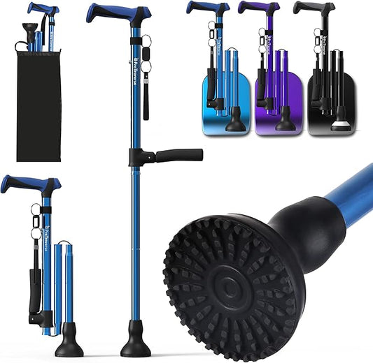 Walking Cane for Men & Women,Foldable,Adjustable,Self Standing Cane with Second Handle,350lbs Heavy Duty,All Terrain,Collapsible Walking Sticks for Seniors & Adults,Blue