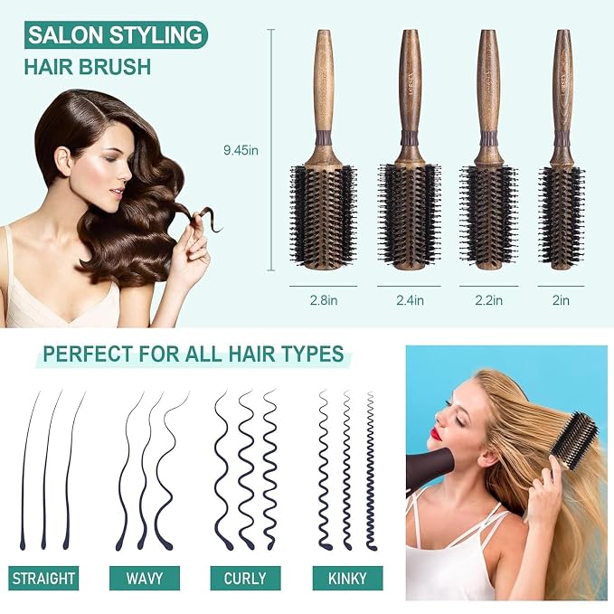 Round Brush for Blow Drying, LORSEX Boar Bristle Hair brush for Women Men, Round Hairbrush for Add Shine/Volume, Minimize Damage (2.2 Inch)