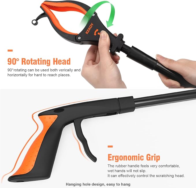 KEKOY 2-Pack Grabber Reacher Tool with Light, 32" Foldable, Orange | Magnetic Tip | 90° Rotating Head | Rubber Jaw | Trash Picker for Elderly | Aluminum Alloy | Indoor & Outdoor Use