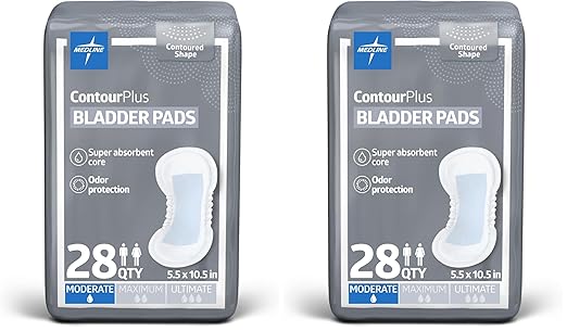Medline ContourPlus Bladder Control Incontinence Pads, Moderate Absorbency, 5.5" x 10.5", 28 Count (Pack of 2)