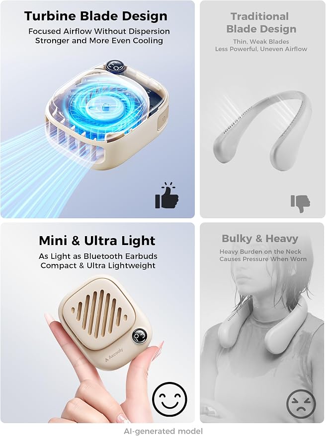 Aecooly Magnetic Neck Fan, Snap On & Go, Mini Portable Hands Free Wearable | USB Rechargeable [10H Max Cooling Time], Personal Battery Powered Fan, Pocket for Travel, Summer, Gifts for Women -Beige