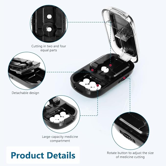 Pill Cutter Splitter for Small and Tiny Pills - 1/2 & 1/4 Adjustable Pill Splitter with Centering Device for Cutting Multiple Pills, Accurate Alignment and Easy to Use (Black)