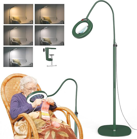 10X Magnifying Glass with Light and Stand, 24" Flexible Gooseneck Magnifying Floor Lamp, 3-in-1 LED 5 Color Modes Stepless Dimmable Lighted Magnifier Hands Free for Close Work, Reading - Green