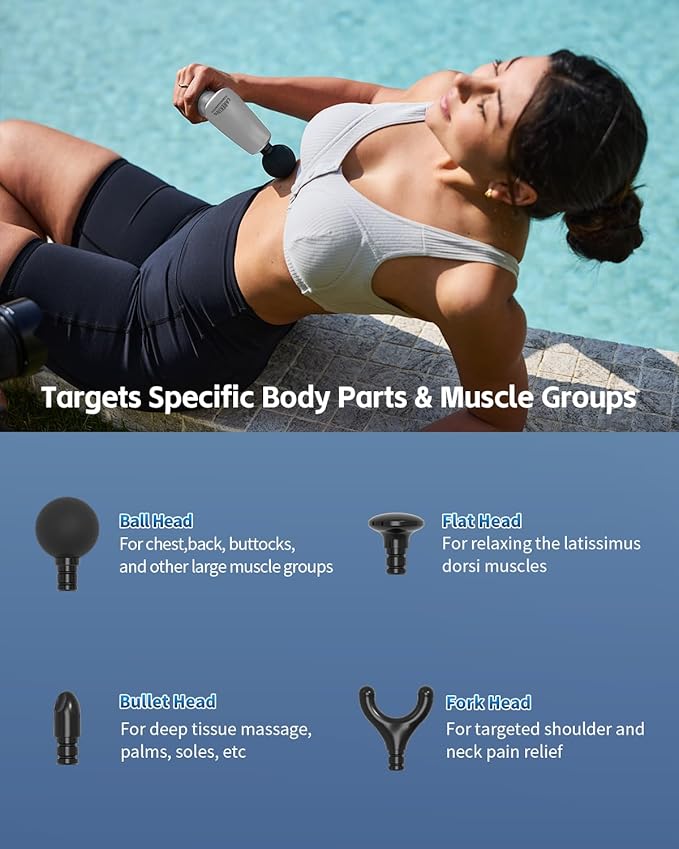 2-in-1 Detachable Percussion Massage Gun with Extension Handle, Back Massager for Pain Relief Deep Tissue Muscle Massager for Arm Shoulder Lower Back Thigh Waist Grey