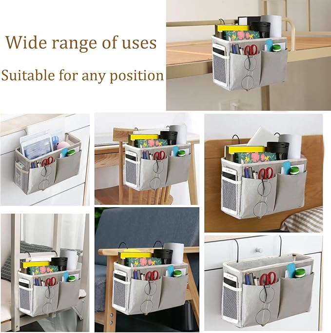 SMALL GOAL Bedside Caddy, Bedside Hanging Storage Organizer for College Dorm , Bunk and Hospital Beds, Can be Placed Books, Phones,Keys, Glasses，Magazine Holder (grey, 1)