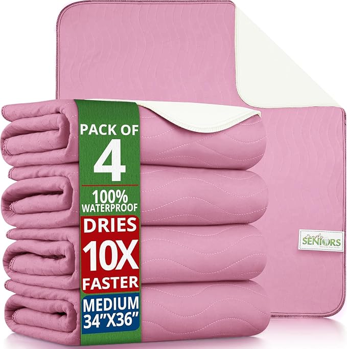 Bed Pads Washable Waterproof 34"x36"- Pack of 4 Pink Incontinence Bed Pads | Washable Pee Pads for Adults - Dementia Products for Elderly & Elderly Assistance Products - Reusable Pee Pads Dogs & Kids