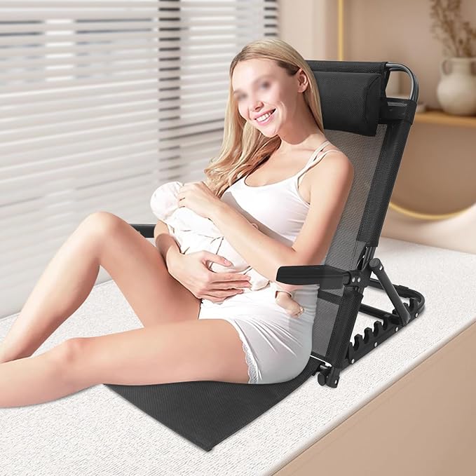 Adjustable Lifting Bed Backrest with Armrests 8-Position Adjustable, 330LBS Load Bed Back Support Chair for Reading Sleeping Watching TV, Portable Folding Floor for Elderly or Patients (Black)