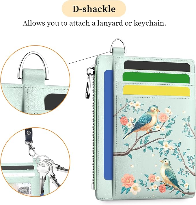 Hancynir Bird Floral Flower Slim Wallet Women Credit Card Holder RFID Small | Zipper Pocket Wallet, Thin Travel Coin Purse, Ladies Women Gifts, Minimalist Card Case, 6 Card Slots, ID Window, PU Leather