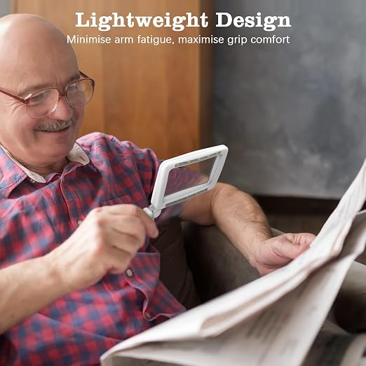 MoKo Magnifying Glass with Light, 4X Full-Page Folding Magnifier | Rechargeable magnifying glass for reading has 10 LEDs, 3 light levels and a 4.3 x 2.5 inch acrylic lens; grey.