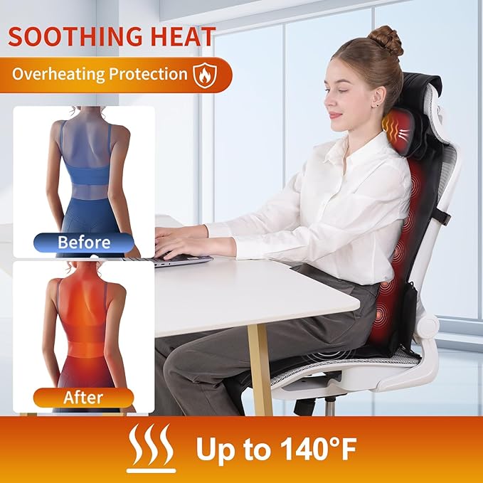 Shiatsu Back Massager with Heat, Massage Chair Pad for Full Back, Chair Massager with Neck Support Suitable for Office/Home,Gift for Father/Mother/Christmas