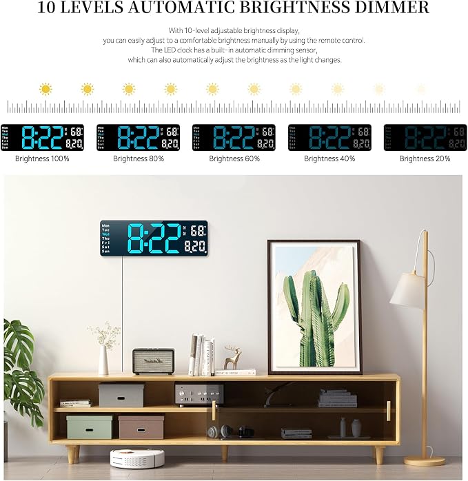 Digital Clock, Digital Wall Clock for Living Room Decor, Desk Alarm Clock for Bedroom, Large Wall Clock with Remote Control, Automatic Brightness Dimmer LED Clock with Date Temperature Week (Blue-B)