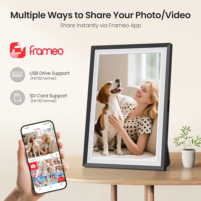 BIGASUO Digital Picture Frame Frameo 10.1", WiFi Photos & Videos Sharing, 3000mAh Battery & Wireless Charging, 1280x800 IPS Touch Screen, 32GB Storage, Support USB/SD Card