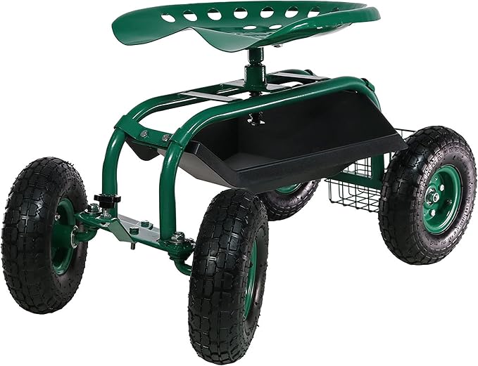 Sunnydaze Rolling Garden Cart with Seat - Garden Stool with Wheels and Adjustable 360-Degree Swivel Seat - Utility Tool Tray and Storage Basket - Green
