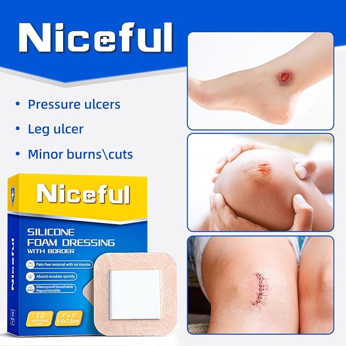 Niceful Ultra Soft Silicone Foam Dressing 3"x3" (10 Pcs)| Large Bandages for Wounds Pressure Sores Post-Surgery