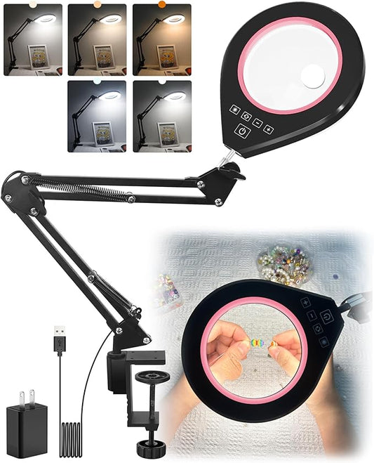 10X & 5X Lighted Magnifying Glass, Stepless Dimmable Magnifier with Lamp, Adjustable 10 Brightness Level and 5 Color Mode Desk Lamp with Clamp for Craft Workbench (Pink)