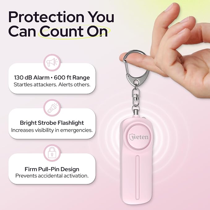 Personal Safety Alarm Keychain for Women, 130dB Siren, LED Light, Pink | Panic Pin, Compact Self-Defense Device, Emergency Whistle Alternative for College, Travel, and Night Walk Protection