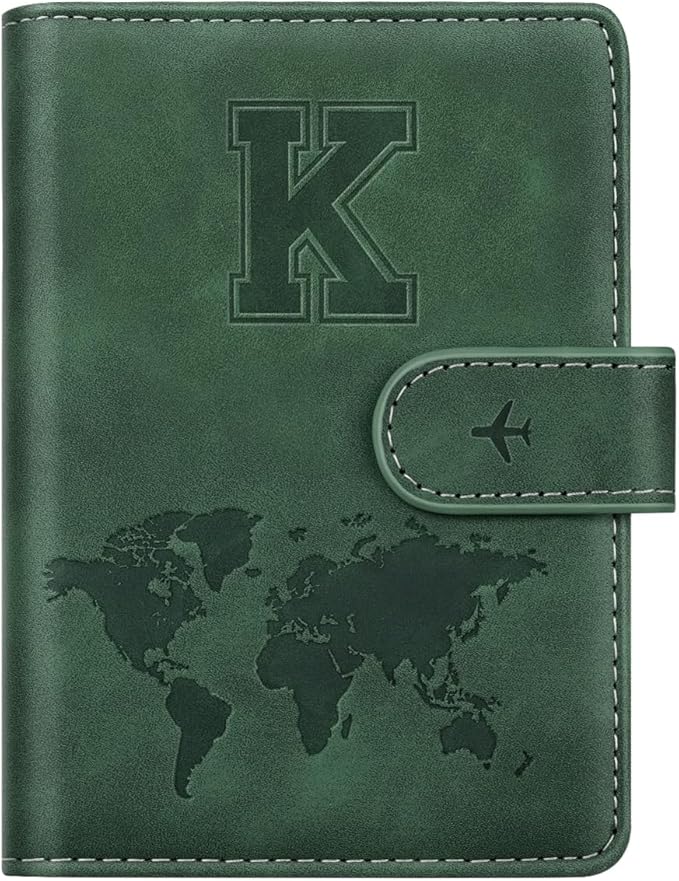 Passport Holder Wallet Cover Personalized Initial Travel Essentials | Embossed Letter A-Z Design, Travel Wallets, RFID Blocking, Passport Book Holders, Women and Men, Personalized Gifts, Green-K