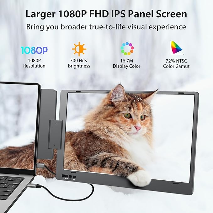 KYY Laptop Screen Extender, 14'' FHD 1080P USB-C Portable Monitor, IPS Computer Monitor, Dual Monitor for Triple Screen, for 12"-16" Laptop (Mac, Wins, Android) Driver Need