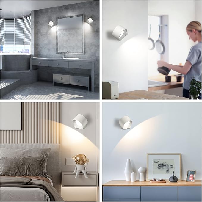Battery Operated Wall Light, LED Lamp with 360°Adjustable Lighting Indoor Light 3 Color Modes Brightness Levels Touch Control, Mounted for Bedroom Reading Bedside-1Pack White