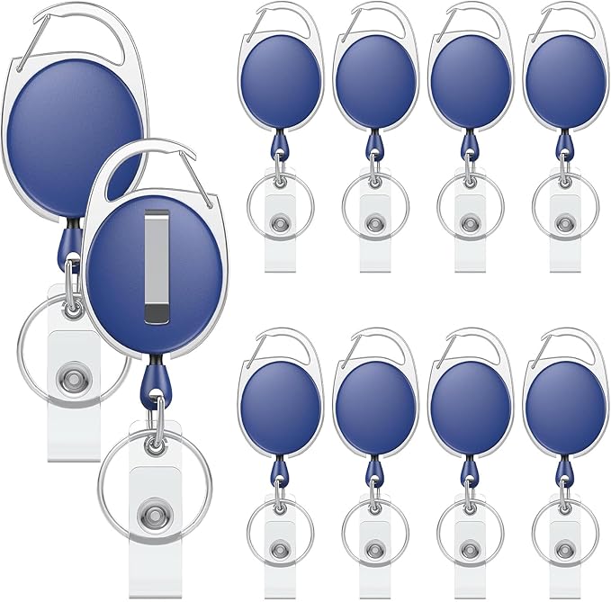 Uniclife 10 Pack Retractable Badge Reel for Badge Holder Blue Heavy Duty Retractable Keychain Strong ABS Casing with Stainless Steel Spring Coil 24 Inch Nylon Rope Carabiner Clip and Key Ring