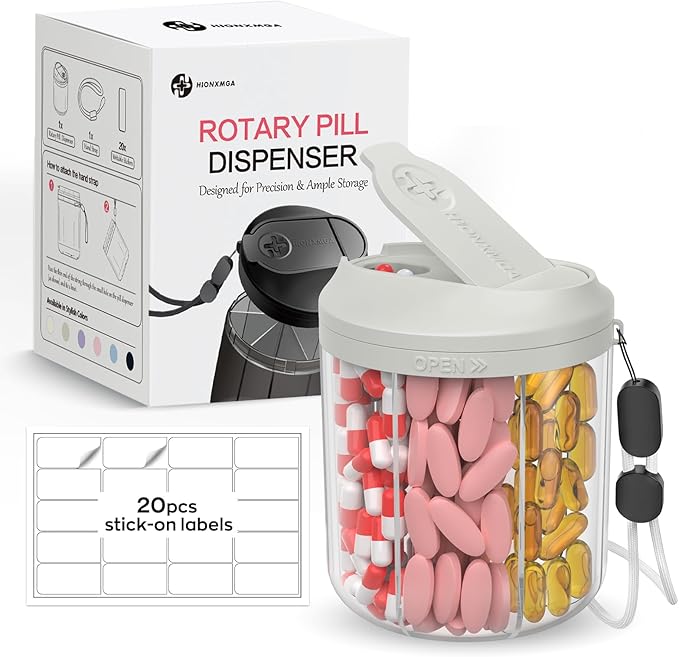 Pill Dispenser with 7 Large Compartments, 4.4" H x 3.6" Dia Pill Organizer for Travel, Supplement Organizer with Anti-Mixing Design, BPA-Free Pill Container with 20 Pcs Labels, Grey