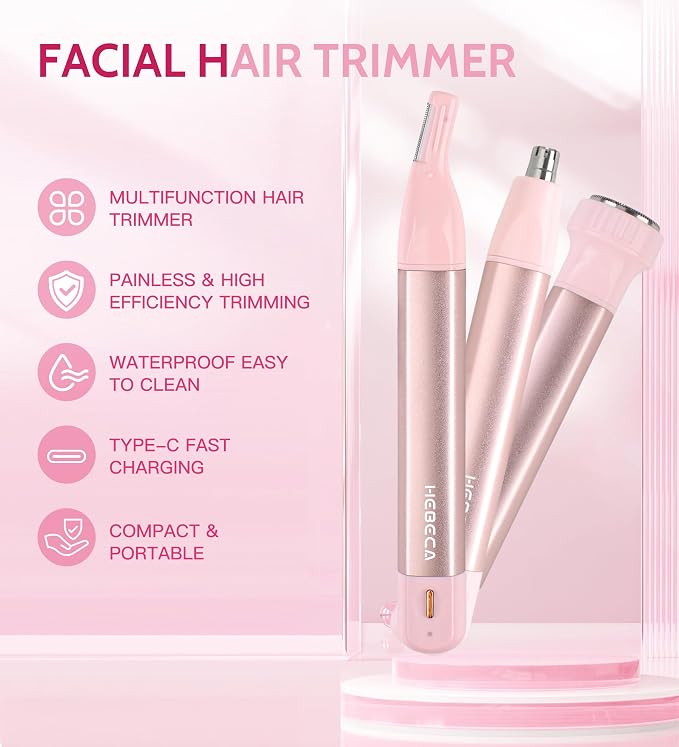 HEBECA Nose Hair Trimmer for Women 3in1 Facial Hair Removal Trimmers- Rechargeable, Waterproof, Portable with Travel Bag- Trims Nose, Ear, Eyebrow, Peach-Fuzz, Lips, Chin Face Hair Remover (Pink)
