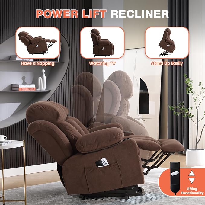 MAHOMICO Power Lift Recliner Chair for Elderly with Vibration Massage and Lumbar Heating,Electric Lift Recliner Single Sofa with Side Pocket,Two Cup Holders and USB Charge Port for Living Room