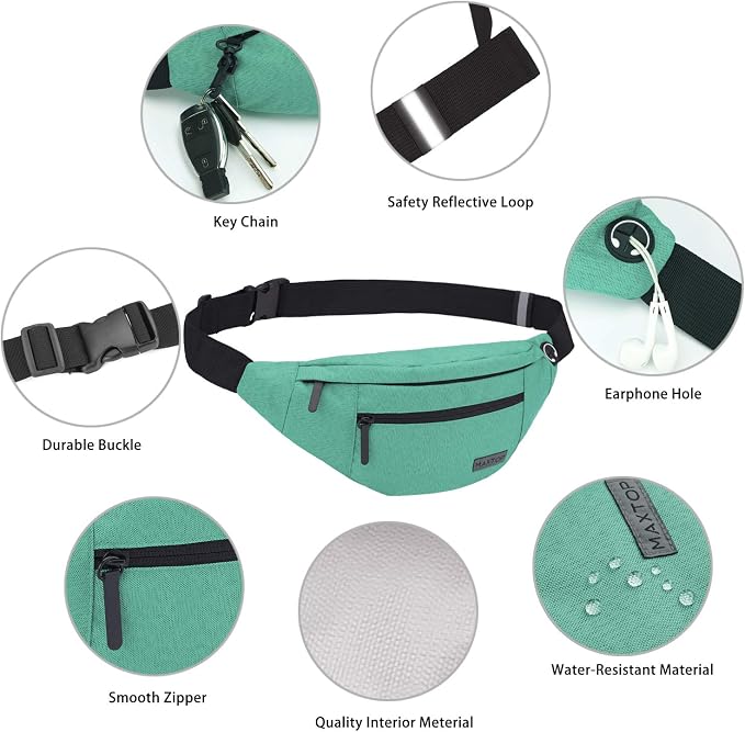 MAXTOP Large Green Crossbody Fanny Pack Belt Bag for Women Men Passport Bag | 4-Zipper Pockets,Polyester,Gifts for Enjoy Festival Sports Workout Traveling Running Casual Hands-Free Waist Pack