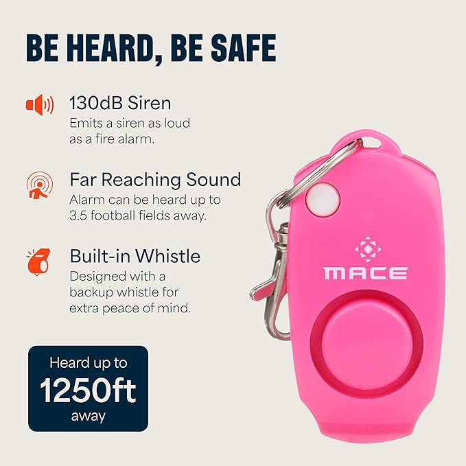 Mace Personal Safety Alarm - Loud 130db Siren, Built in Emergency Whistle, Easy On/Off Push Button Activation, Batteries Included, Personal Alarm for Women & Men - Neon Pink