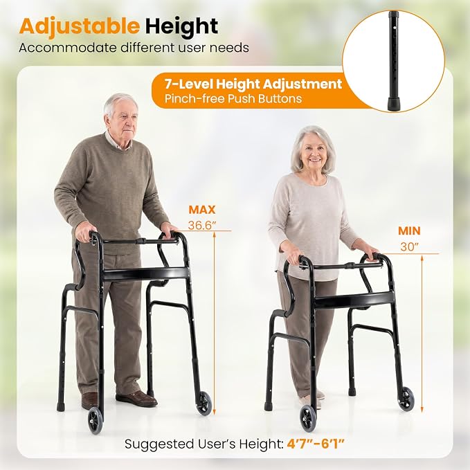 Goplus 3-in-1 Stand-Assist Folding Walker with 5" Wheels, Heavy Duty Walking Mobility Aid Supports up to 220lbs, Can be Used as Toilet Safety Rail, Narrow Drive Walkers for Seniors Elderly Adult