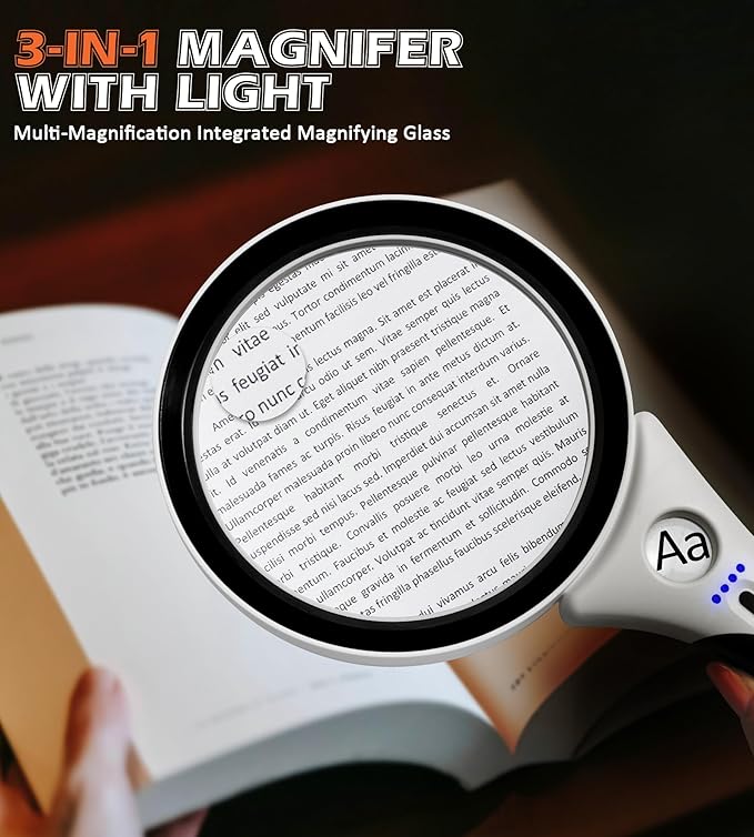 Rechargeable Magnifying Glass with Light - Recant Illuminated Magnifier Handheld Lighted Magnifying Glasses with 18LED Cold & Warm Light 3 Modes for Seniors Reading Close Work
