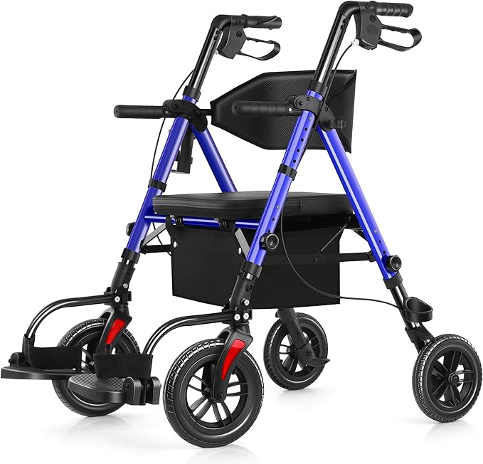 Walkers for Seniors, 2 in 1 Rollator Wheelchairs Combo 10" Big Wheels Walker with Seat, Rollator Transport Chair with Brakes Folding Rolling Walker for Adults, Blue