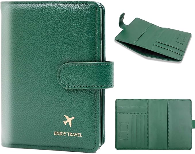 Cnycmy Passport Holder with RFID Blocking, Cash Pocket & Back Zipper Coin Pocket - Travel Document Holder, Magnetic Button, Multiple Card Slots - Soft PU Leather for Men and Women(MOSS GREEN)