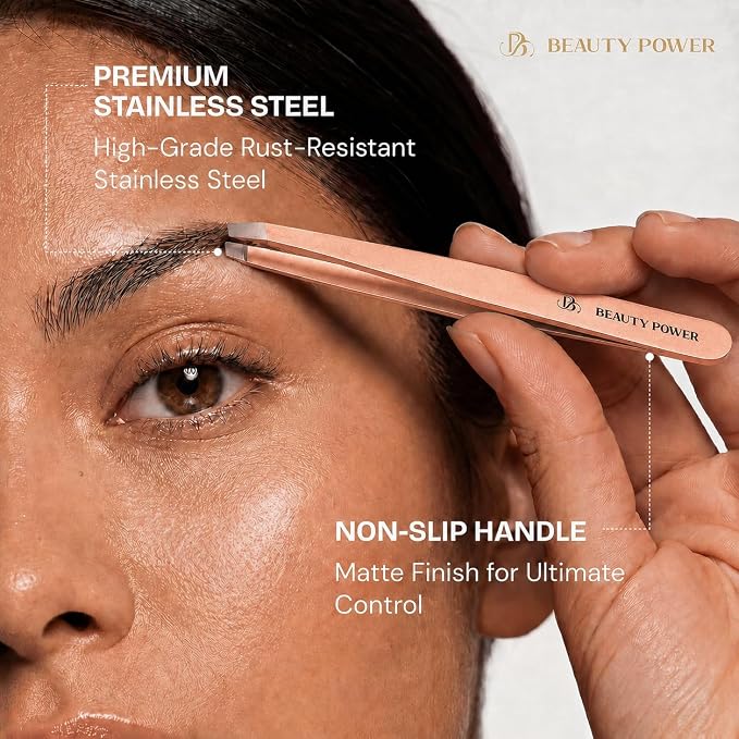 Beauty Power Slant Tip Precision Tweezers - Stainless Steel Eyebrow Tweezers for Women & Men - Precision Tweezers for Facial Hair, Ingrown Hair & Brow Shaping - Professional Beauty Tool (Rose Gold)