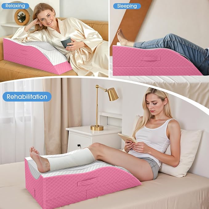 TranquilRelax Leg Pillow, Leg Elevation Pillow with Pad and Memory Foam, Height Adjustable Bolster Pillow for Legs, Leg Pillow Elevation Blood Circulation, for Post-Surgery, Pink