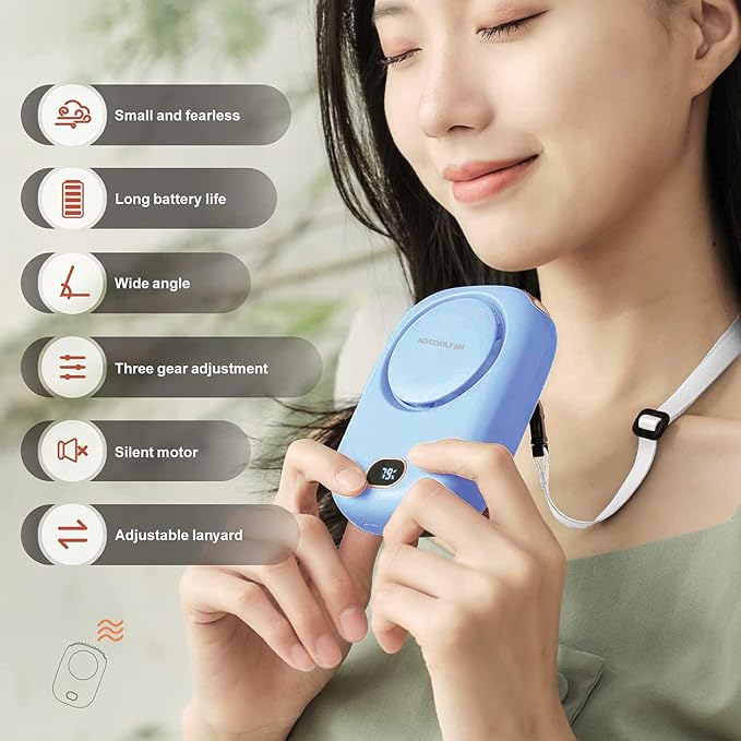 AOCOOLFAN Portable Neck Fan, Mini Small Personal Handheld Fan USB Rechargeable 3 Speed for Girls Boys Woman Eyelash Travel Home Office Outdoor (light blue)
