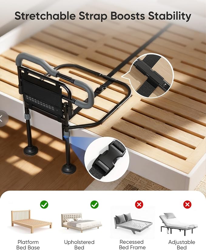 Bed Rails for Elderly Adults Safety, Foldable Bed Rail with Non-Slip Handle | Adjustable Height & Width, 350LBS Load, Large Suction Feet, Motion Sensor Light & Storage Bag, Fits 7"-13" Mattress