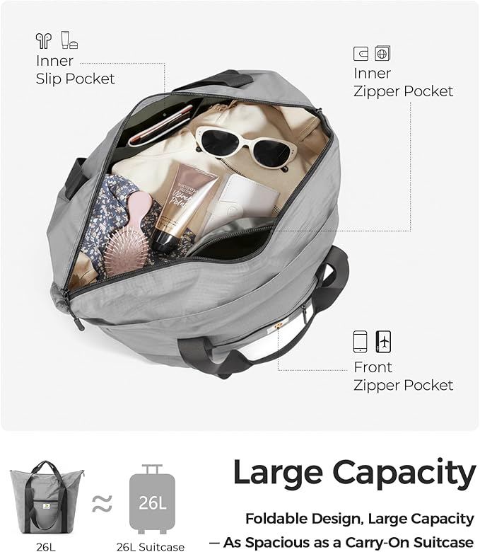 Foldable Travel Bag, 26L Lightweight Weekender Duffel, Expandable Second Carry-On Bag for Travel & Shopping, Water-Resistant Personal Item Bag, Gray