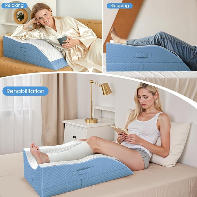 TranquilRelax Elevation Pillows for Leg After Surgery, Memory Foam Adjustable Wedge Pillow for Injury or Rest, Ankle Pillow for Sleeping Blood Circulation, Light Blue/Single Leg