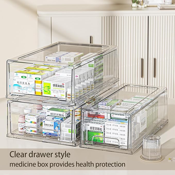 Pull Out Drawer Medicine Box for Safe Medication Storage, Large Refrigerator Storage Bin for Kitchen Food Safe, Tablet Box for Kids Home/Office Organize Ointments,2 Pack - Clear（ Medium）