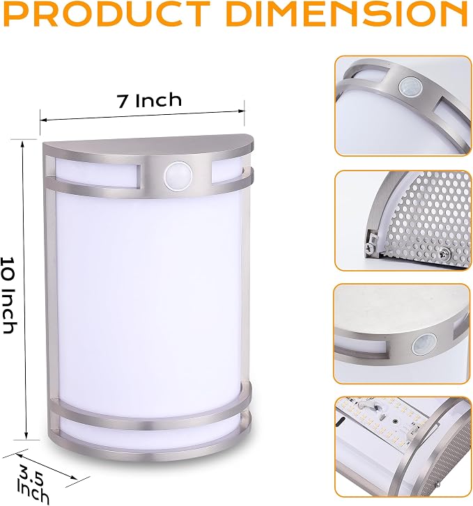 CLOUDY BAY Indoor/Outdoor Motion Sensor LED Wall Light,120V 15W 1000LM Porch Light,3000K/4000K/5000K Selectable,Wet Location,Brushed Nickel