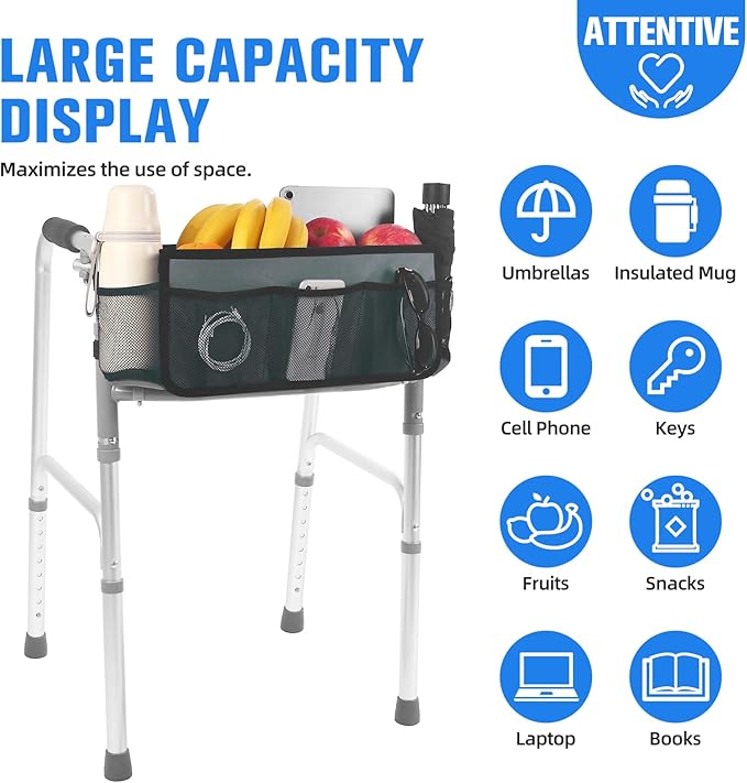 CTWWFS Upgrade Walker Basket with Cup Holder, Foldable Walker Storage Bag for seniors with Big Capacity & Never Tipping Over, Best Gift for Family (Gray)