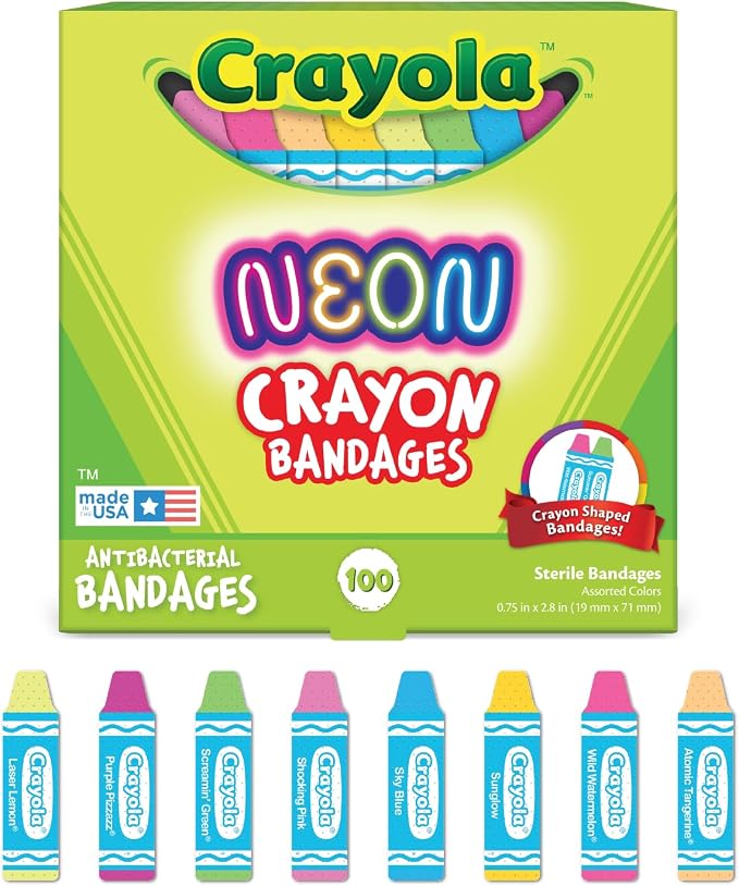 Crayola Shaped Neon Antibacterial Bandages for Kids, 100 CT - Adhesive Bandages for Minor Cuts, Scrapes, & Burns. Great Stocking Stuffer or White Elephant Gift