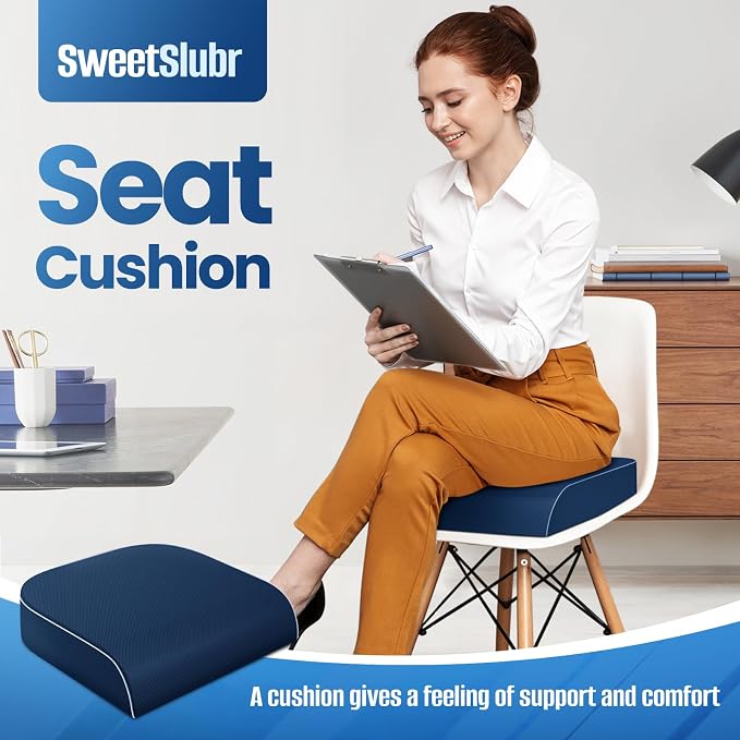 SweetSlubr Seat Cushion for Tailbone Pain Relief, Office Chair Cushion, Memory Foam Large Chair Pad with Non-Slip Cover for Soft Support at Office Chair, Car Seat, Airplane Dark Blue/X-Large