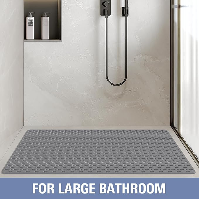 OTHWAY Large Shower Mat, 47"x 32" TPE Shower Mat Non Slip, Heavy Shower Floor Mat with Drain Holes and Suction Cups, No Odor Shower Mats for Inside Shower for Elderly Kids Bathroom(D-Grey)