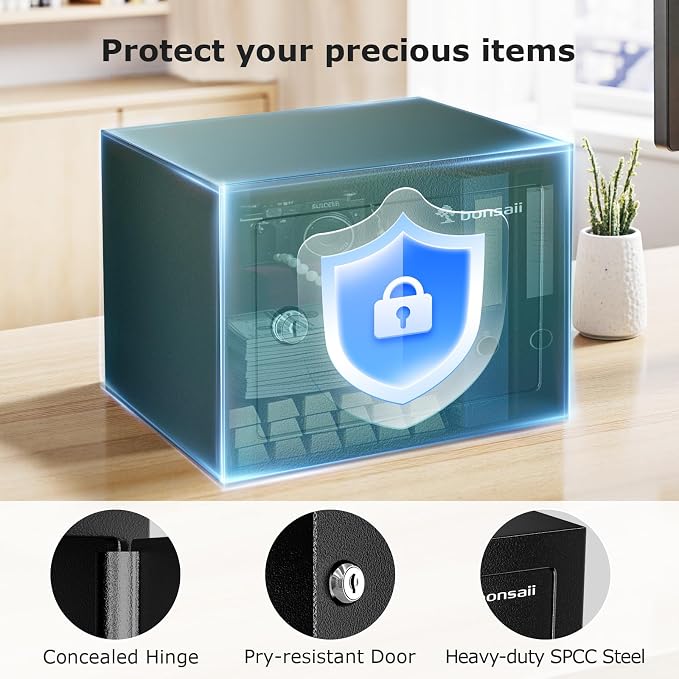 Bonsaii Safe Box with Key Lock, Steel Security Lock Box, 0.23 Cubic Feet, 9.06" W x 6.69" D x 6.69" H, Small Hidden Safe for Cash Jewelry | SPCC steel, 9.06x6.69x6.69 in, pry-resistant door & hidden hinges, pre-drilled for shelf/drawer/closet, includes...