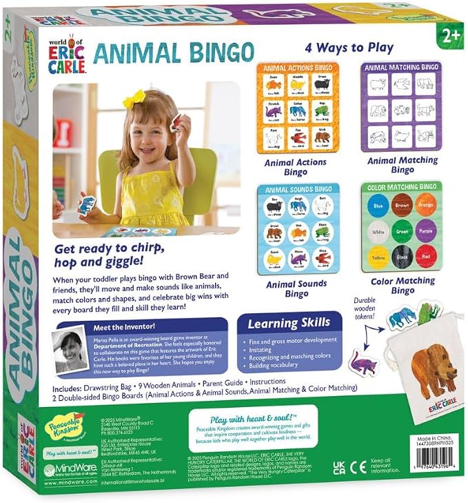 Peaceable Kingdom World of Eric Carle Board Game | A fast, replayable board game. Includes 9 wooden animals and 2 double-sided bingo boards. Ages 2+.